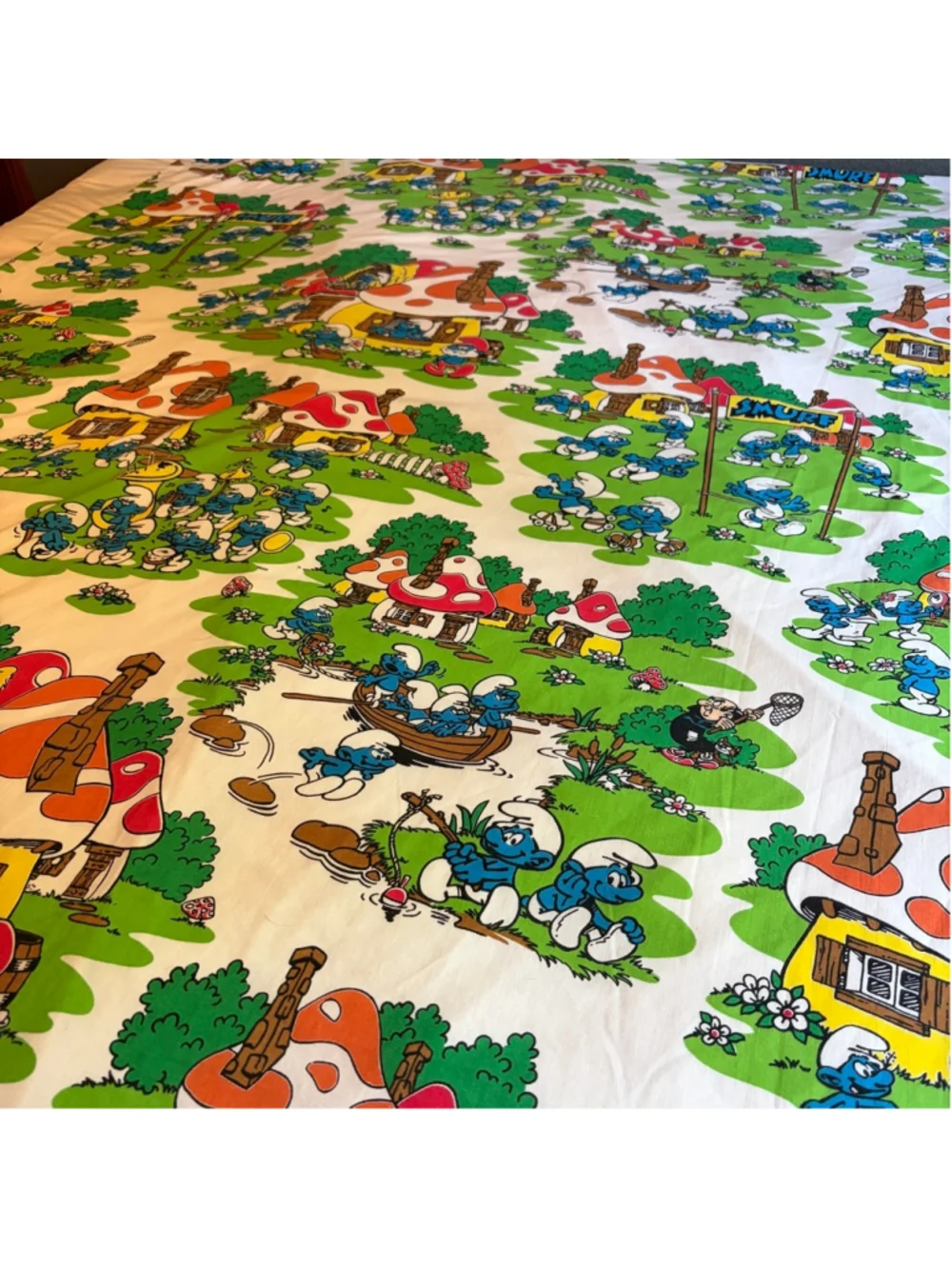 Vintage Smurfs Double Flat Bed Sheet Gargamel Smurfette Papa White Green Fabric